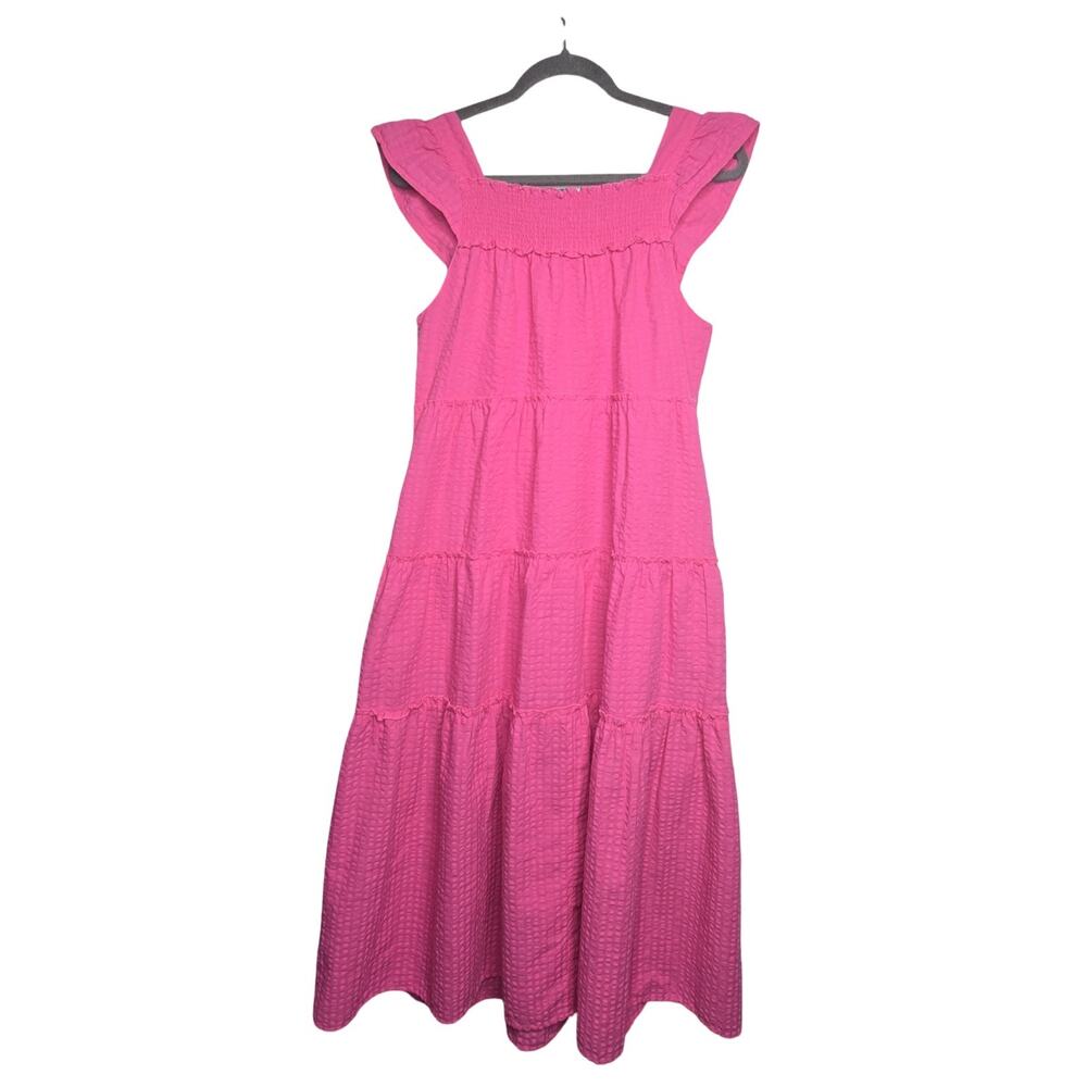 Old Navy Pink Smocked Midi Dress M Tiered Ruffle Strap Cottagecore Sundress - Picture 5 of 12